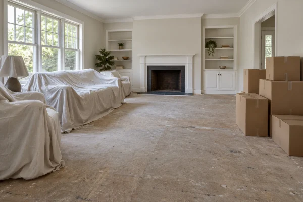 Living room with furniture under dust sheets and boxes, ready for new flooring