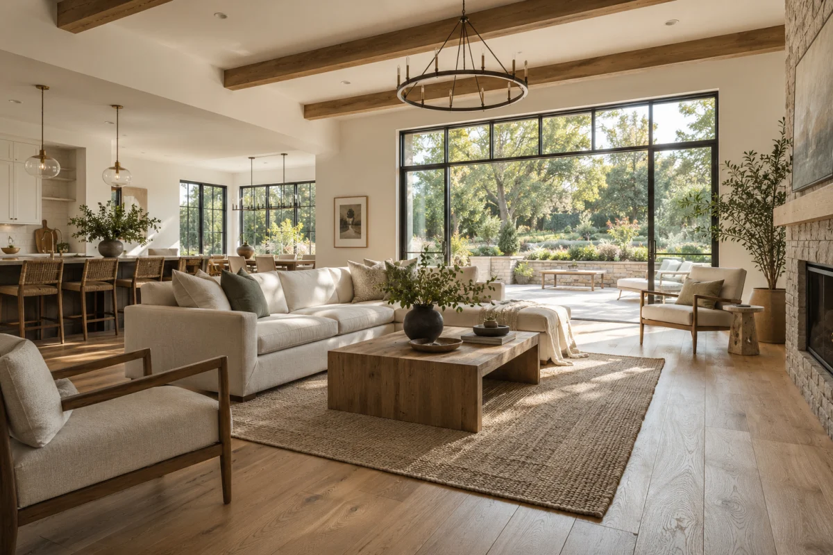Great room with wide oak flooring and exposed ceiling beams