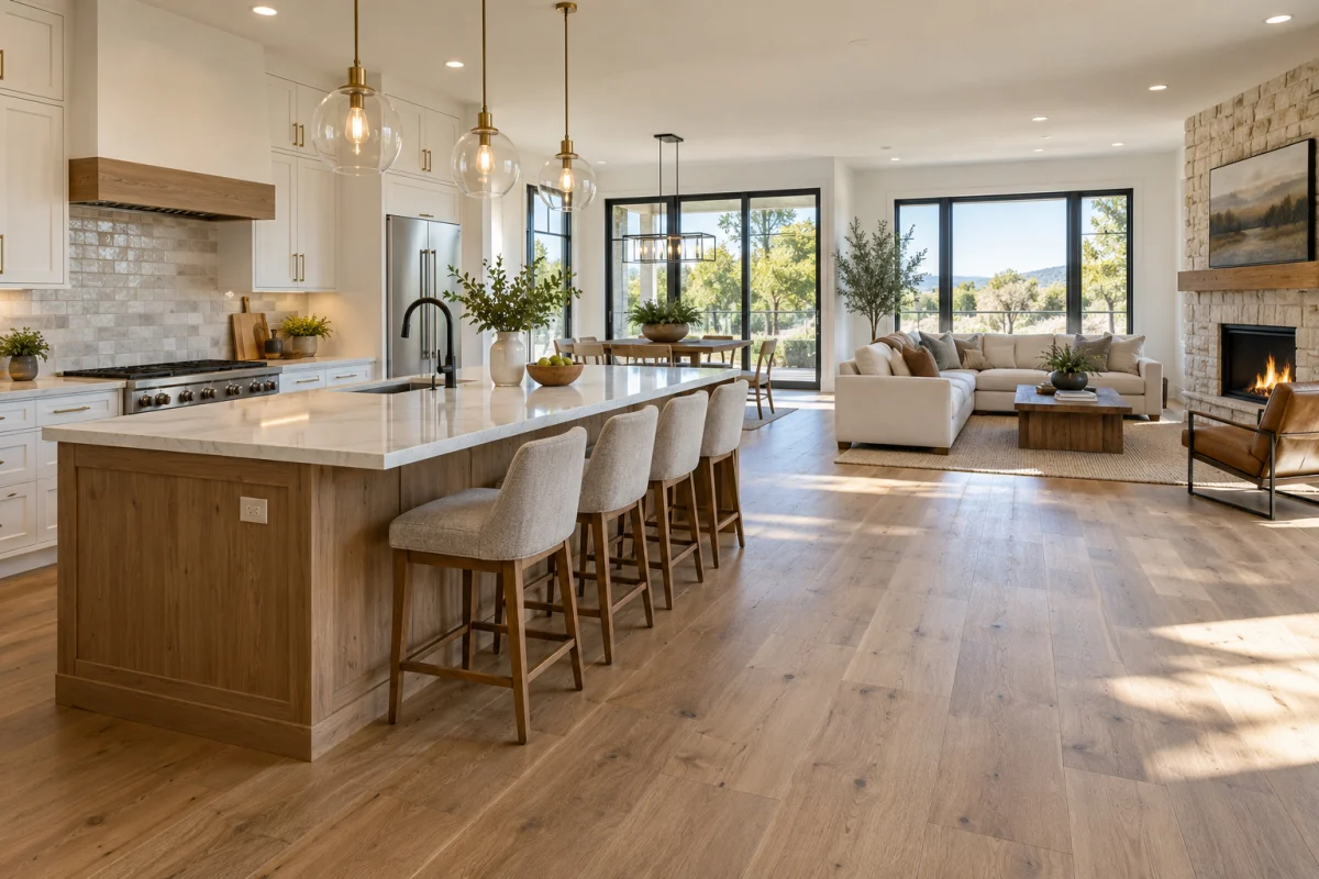 Open kitchen and living room with one continuous oak floor