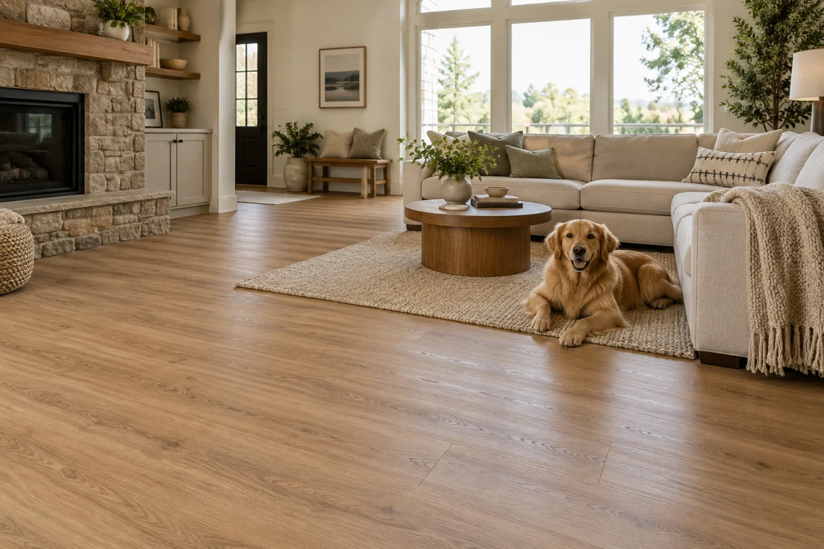 Living room with oak flooring and a golden retriever lying on a rug