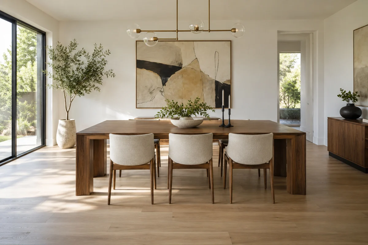 Dining room with light oak flooring and a long wood table