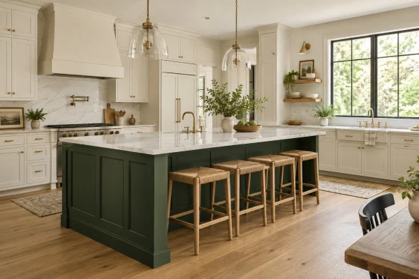 Kitchen with a dark green island on light oak flooring
