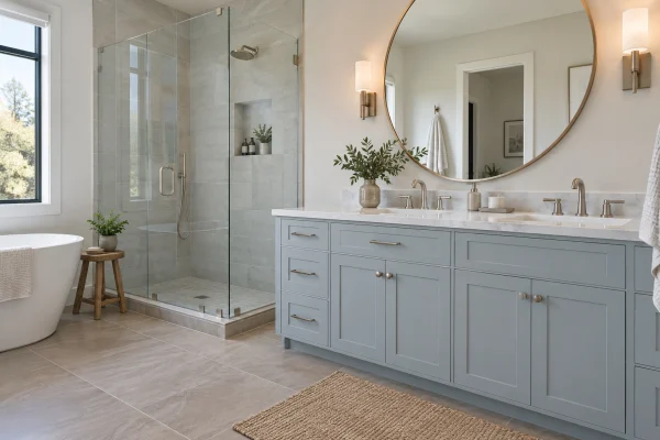 Bathroom with grey tile flooring, a blue vanity and a glass shower