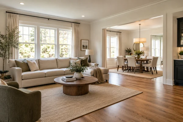 Living and dining area with medium oak flooring