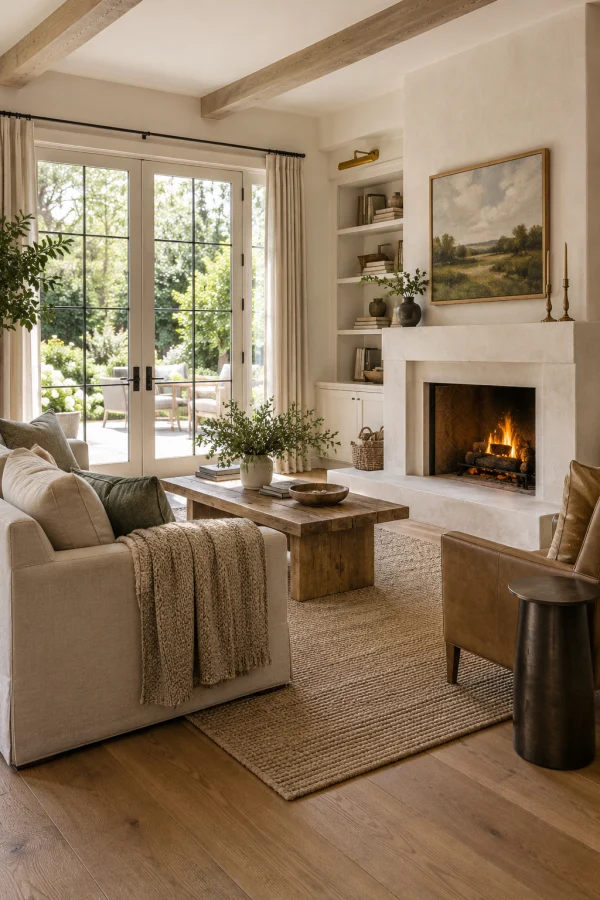 Living room with a fireplace and built-in shelves