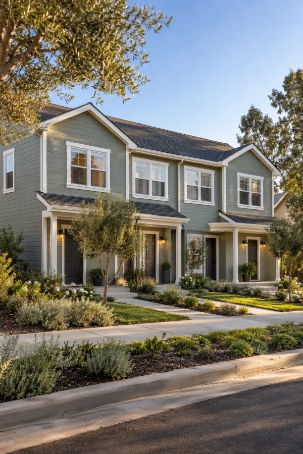 Row of two-story townhomes with gray siding