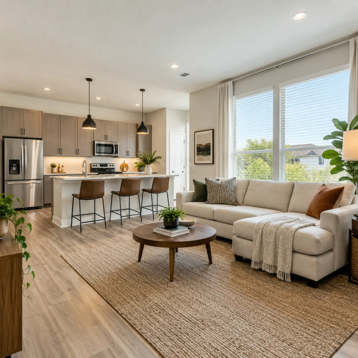 Apartment living room with an open kitchen and island