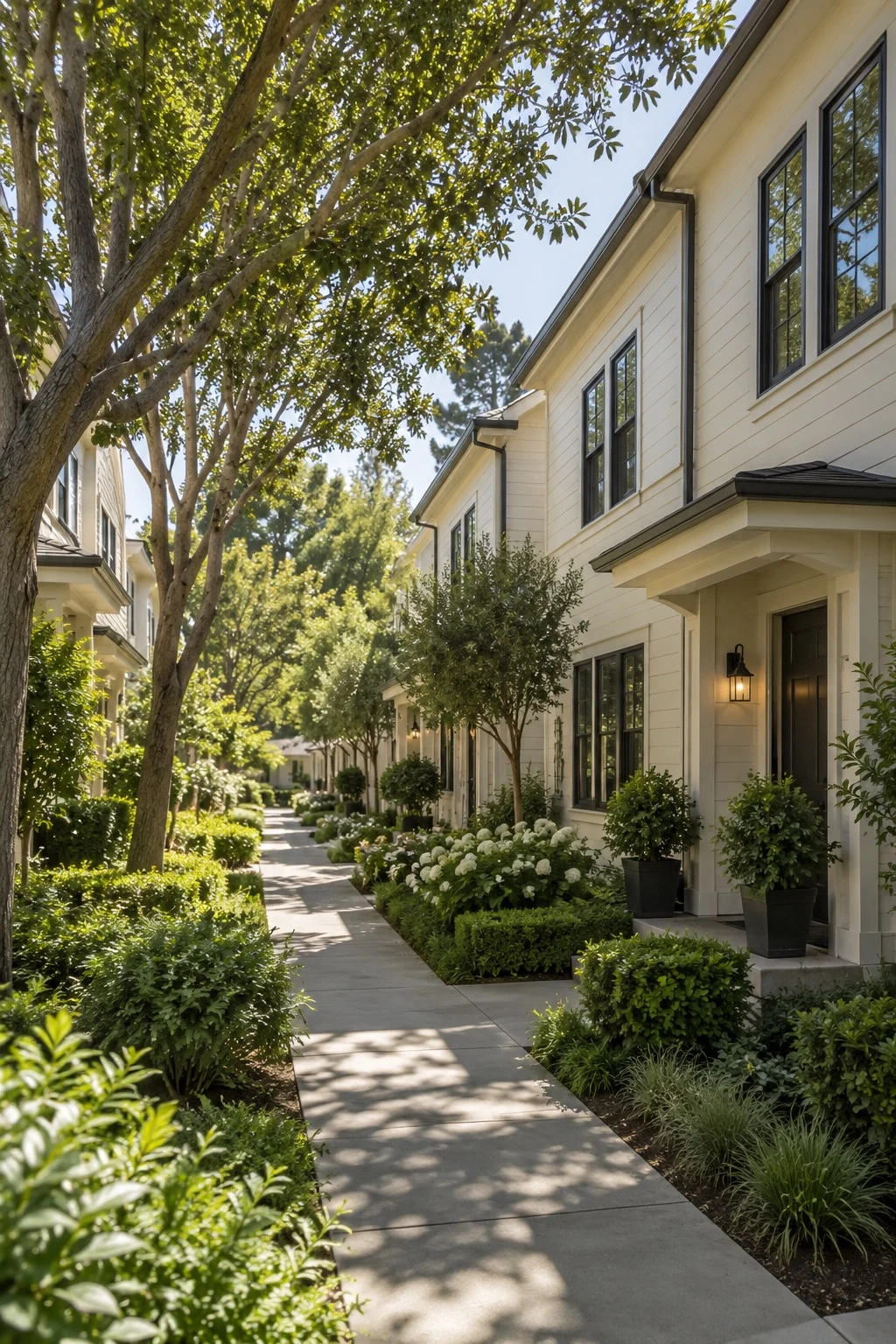 Garden walkway between two-story apartment buildings