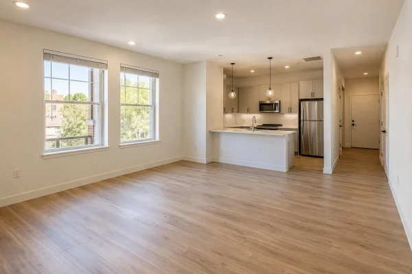 Empty apartment with new wood-look flooring and a kitchen