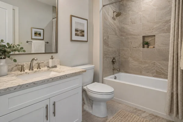 Apartment bathroom with a white vanity and tiled tub surround