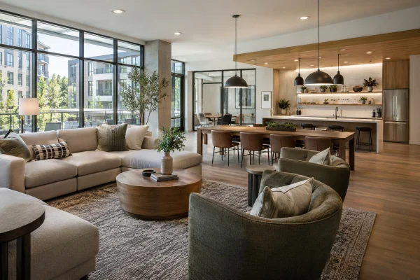 Apartment clubhouse lounge with sofas and a dining area