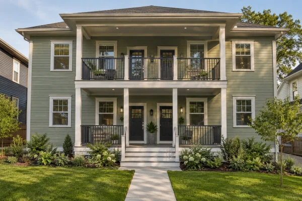 Two-story sage-green building with stacked front porches