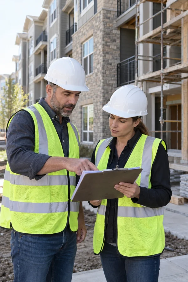 Two people in hard hats and safety vests reviewing a tablet