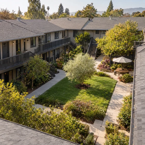 Apartment courtyard with lawn and paths seen from above