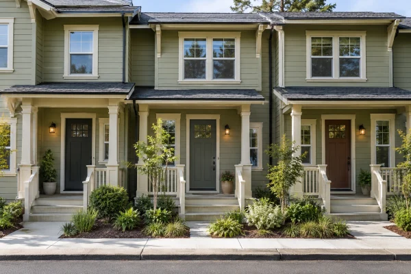 Row of sage-green townhomes with small front porches
