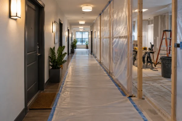 Apartment hallway with floor protection during renovation