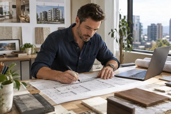 Man reviewing building drawings at a desk