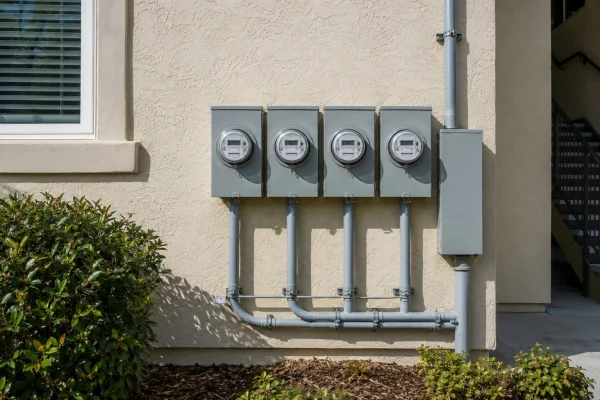 Bank of electric meters on an apartment building wall