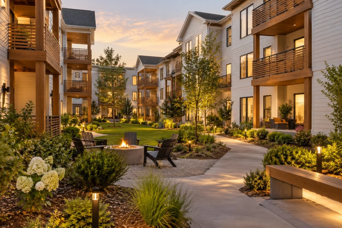 Apartment courtyard with a fire pit and lit paths at dusk