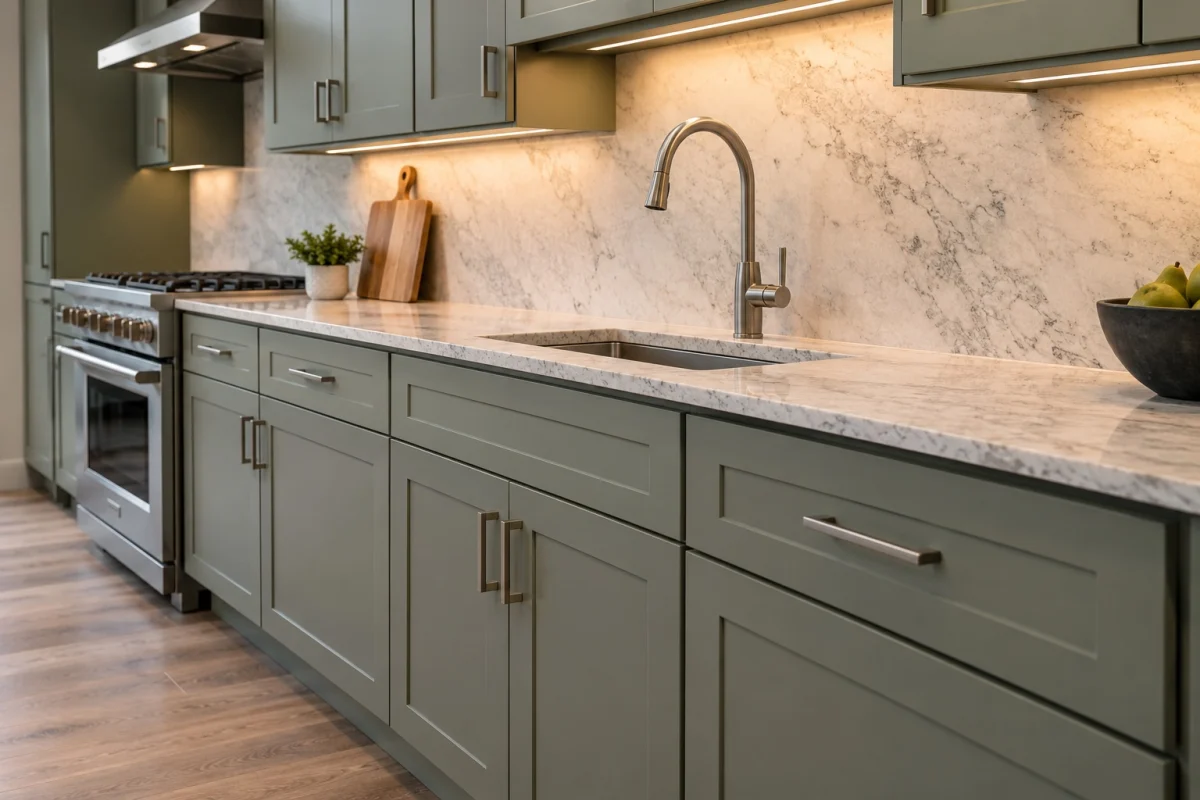 Kitchen with sage cabinets and a marble-look countertop