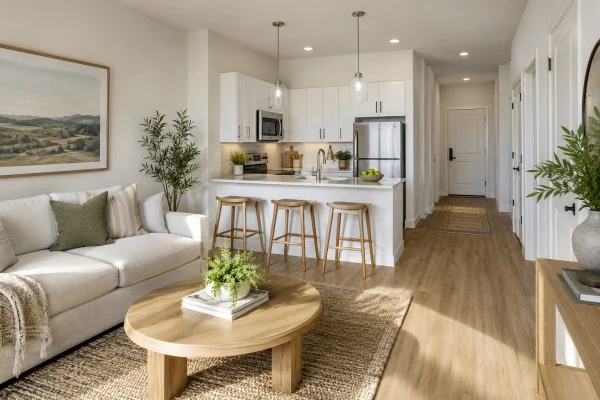 Apartment living room with a white kitchen and island