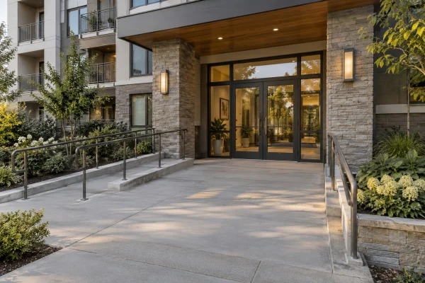 Apartment building entrance with a ramp and handrails