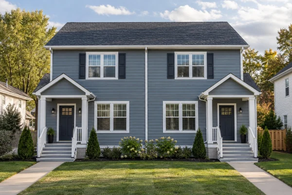 Blue-gray duplex with two front doors and porches