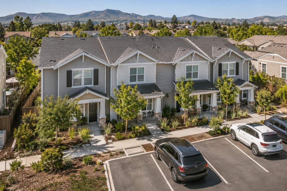 Row of townhomes and a parking lot seen from above
