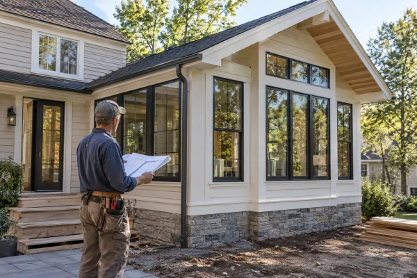 Man holding plans in front of a house with a new addition