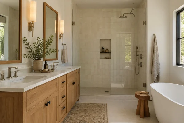 Bathroom with a wood vanity, walk-in shower and freestanding tub