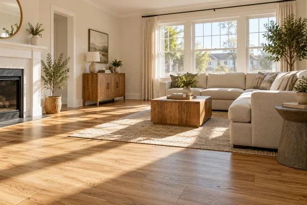 Living room with wide-plank wood floors and a sectional sofa