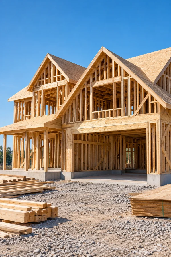 Timber frame of a two-story house under construction