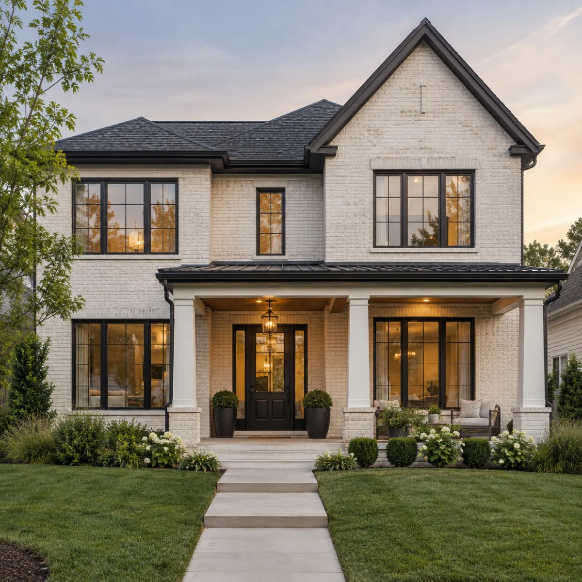White two-story house with a lit porch and a front walk