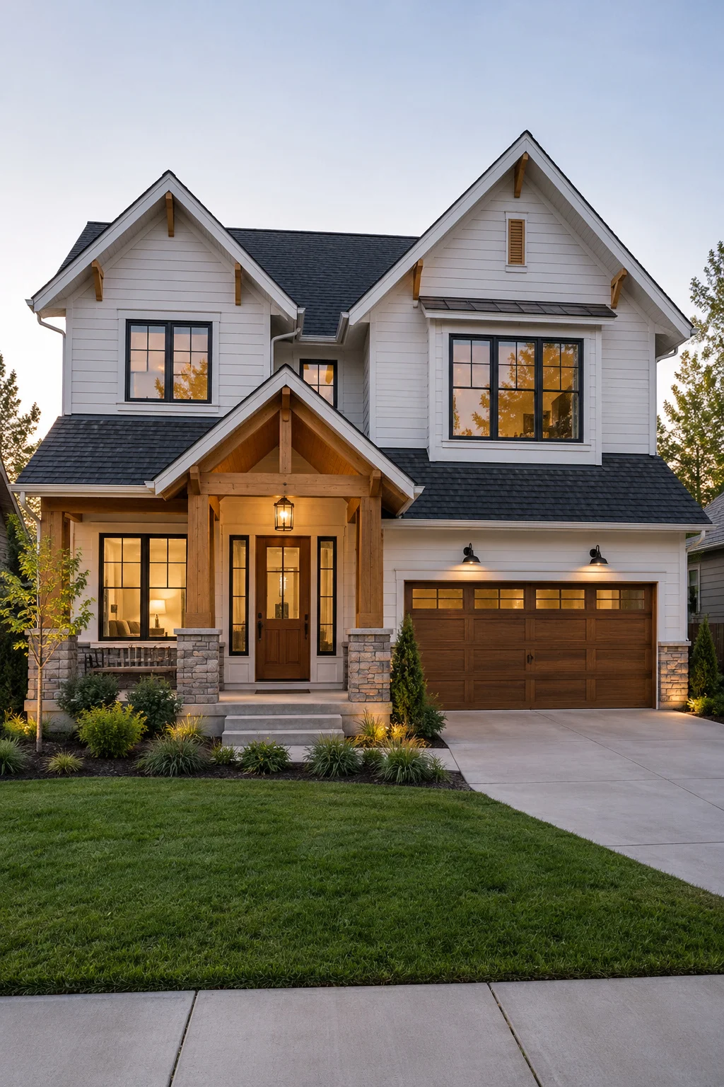 Two-story house with a gabled porch and a two-car garage