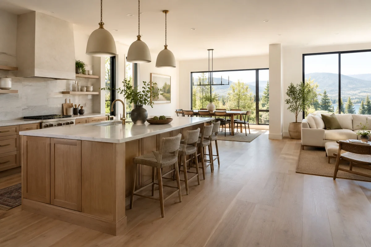 Bright kitchen with an oak island open to the living room