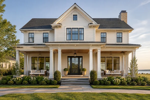 White two-story house with a wide columned front porch