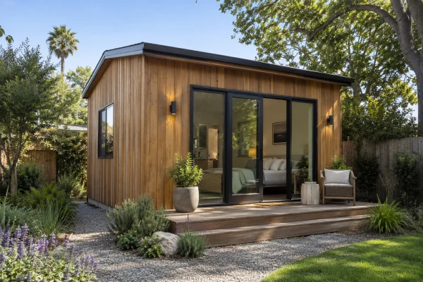 Modern wood-clad backyard studio with black glass doors