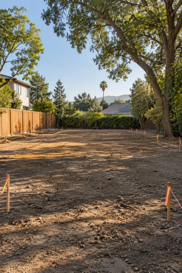Cleared backyard lot marked with survey stakes