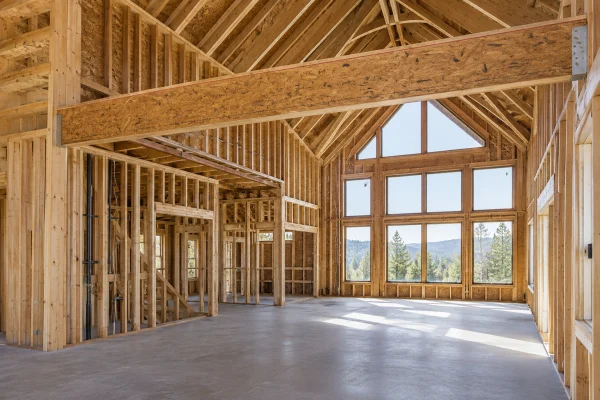 Framed great room with a vaulted ceiling and tall windows