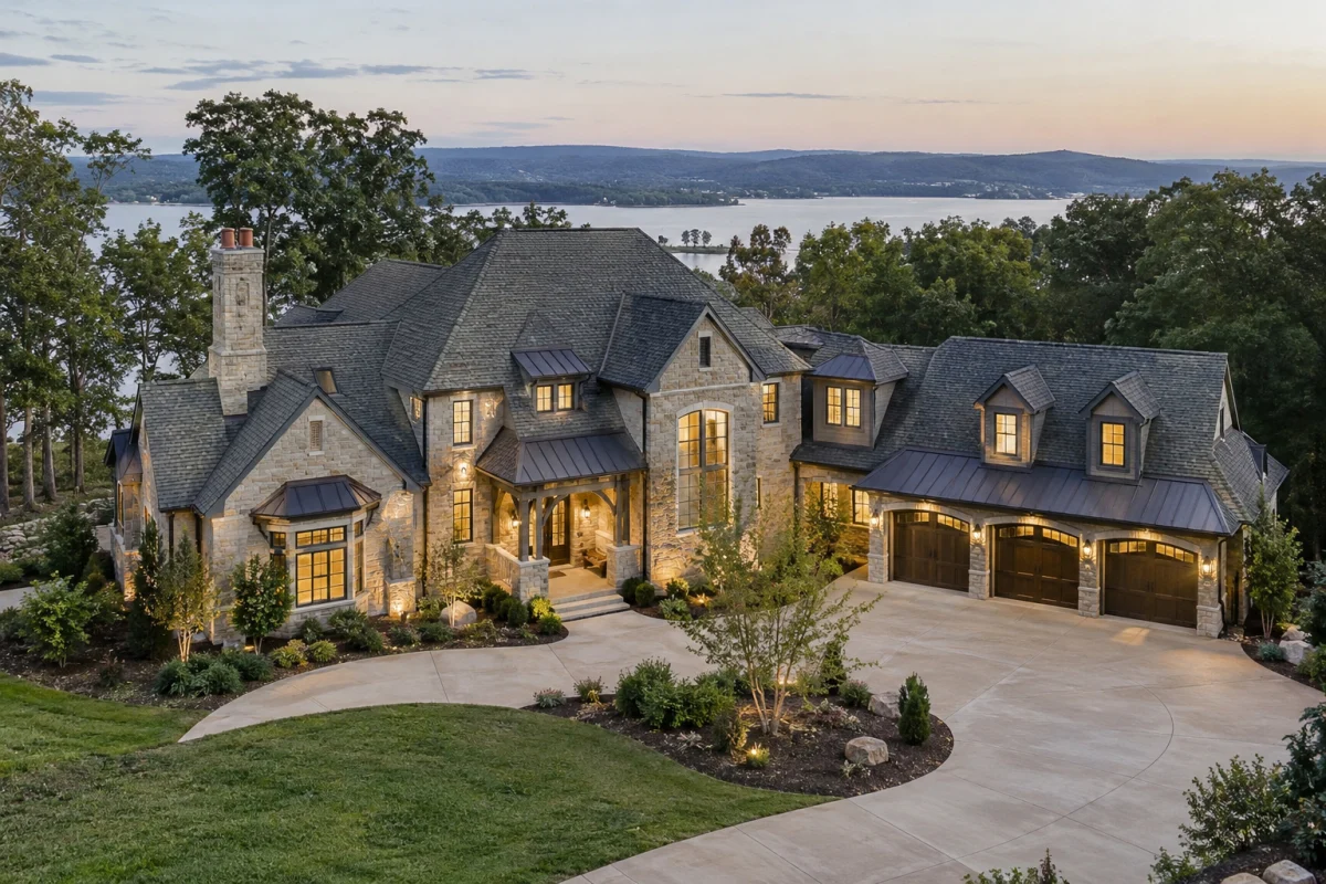 Stone two-story house with a curved driveway seen from above