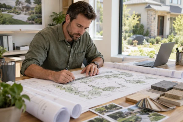 Man drawing on site plans at a desk