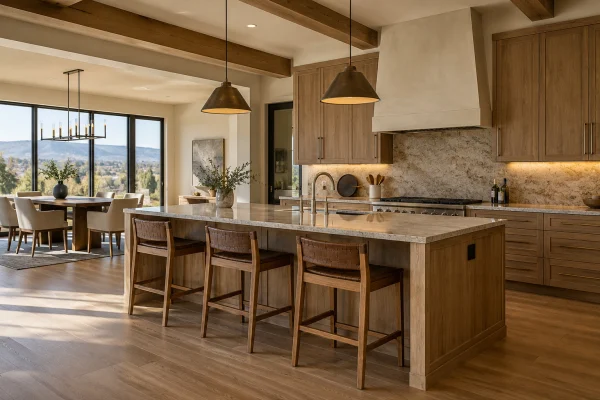 Kitchen with a wood island, range hood and dining area