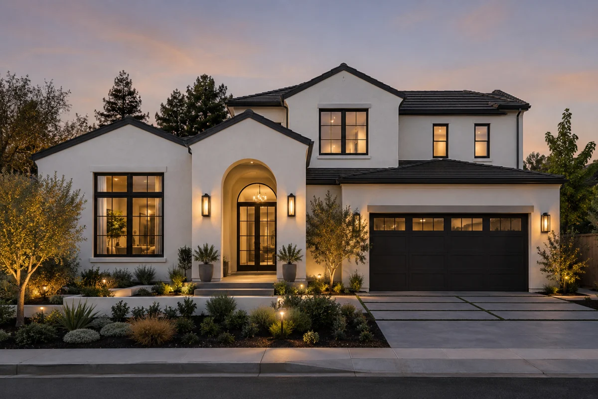White two-story house with an arched entry and dark garage door