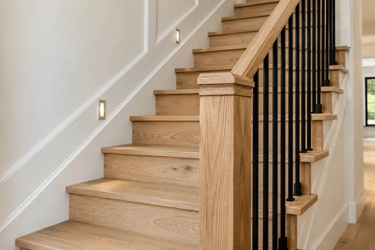 Oak staircase with a black metal railing