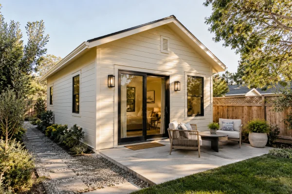 Small white backyard cottage with black glass doors