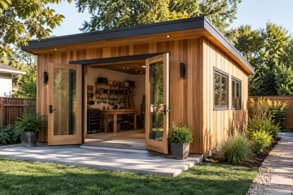 Wood-clad backyard studio with open glass doors