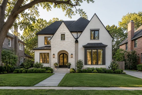 White two-story house with steep gables and an arched door