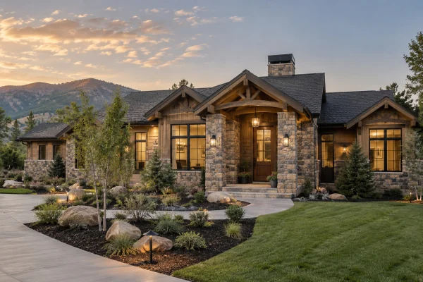 Craftsman house with stone columns at sunset
