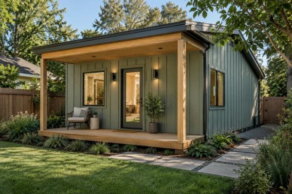 Sage-green backyard unit with a wood-framed porch