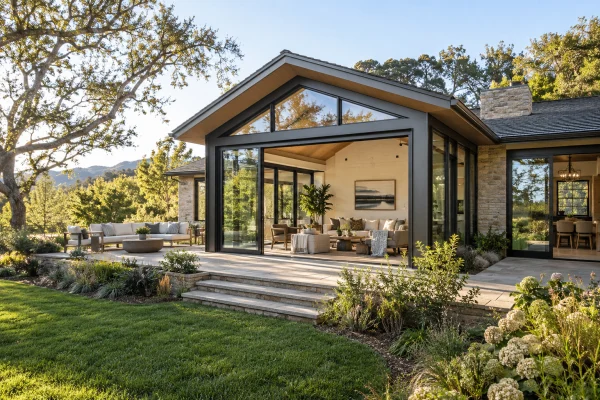 Single-story house with a glass-walled gable room and patio